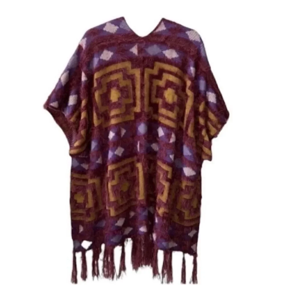 Free People Sweater Soft Knit Fringed Wine Gold Kimono (Size OS)
